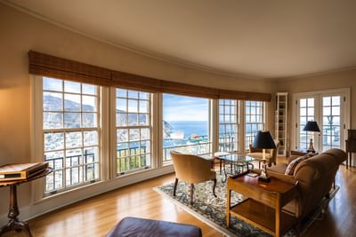 Comfy living room area overlooking the Sea in Mt Ada, Catalina Island Company