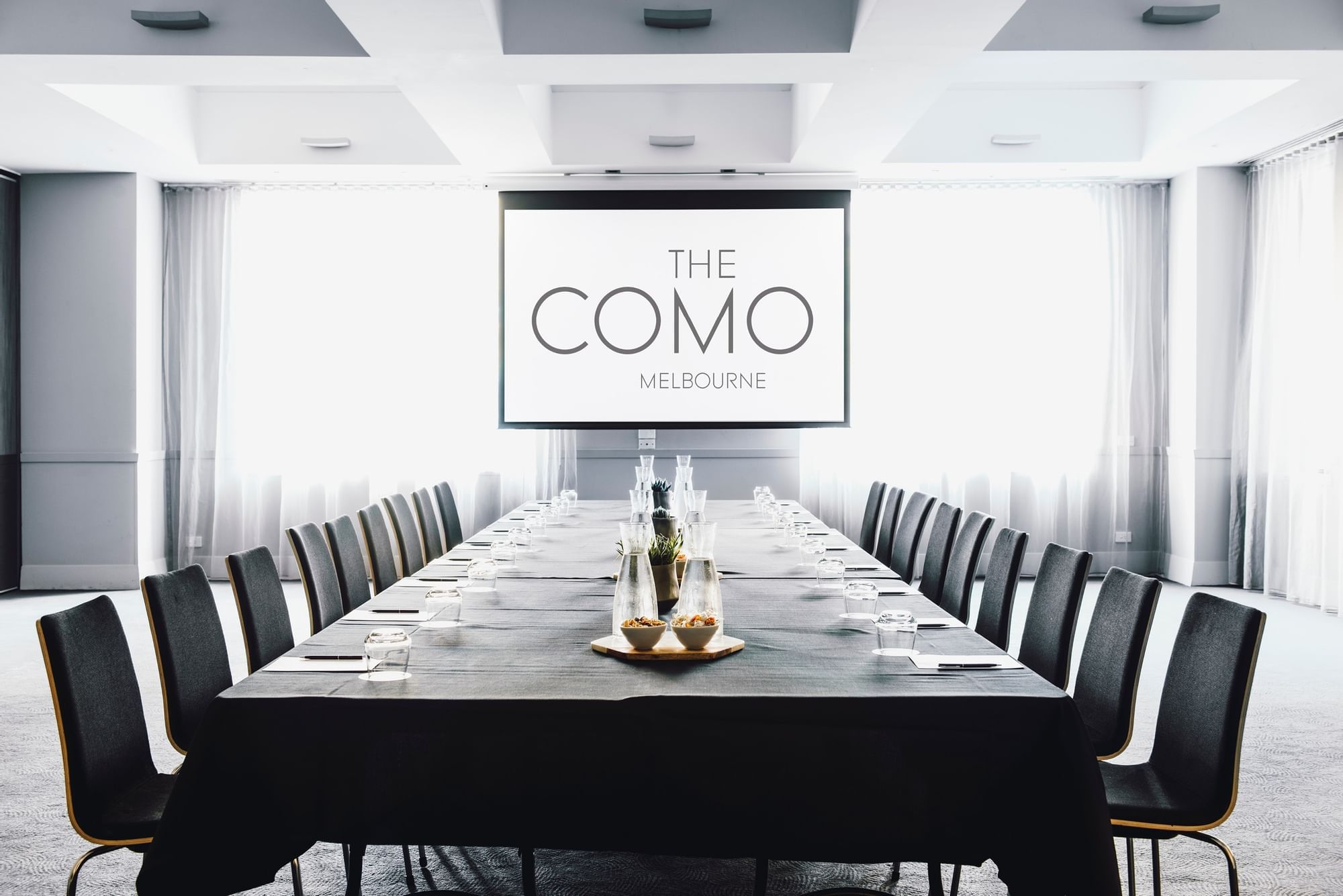 Boardroom set-up in Claremont Suite at The Como Hotel Melbourne