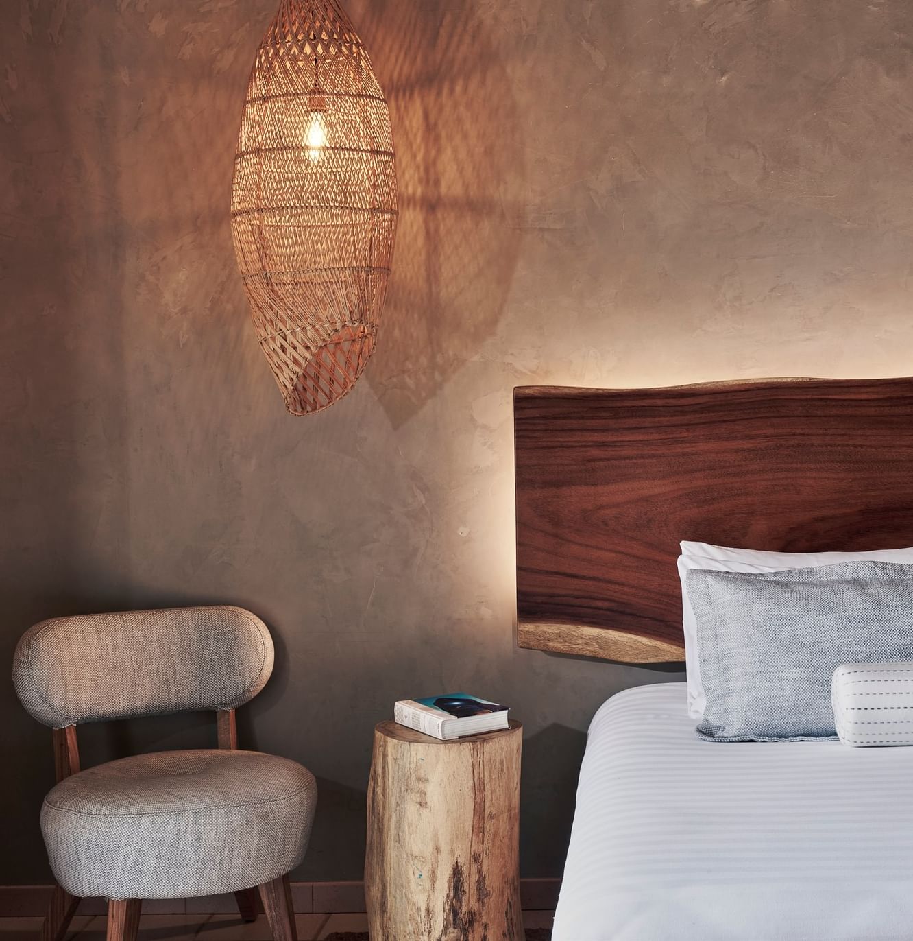 Villa 2 Bedrooms with Private Pool featuring wooden headboard and a stylish woven pendant lamp at Cala Luna Boutique Hotel