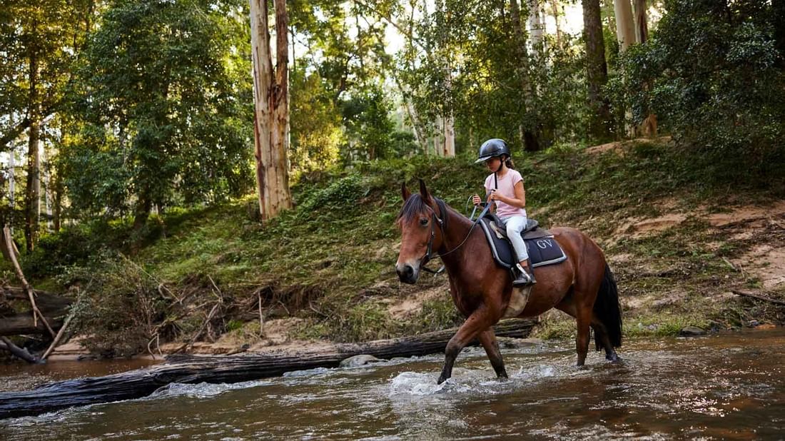 Person riding a horse through a stream at Glenworth Valley Adventure Park near Mercure Kooindah Waters