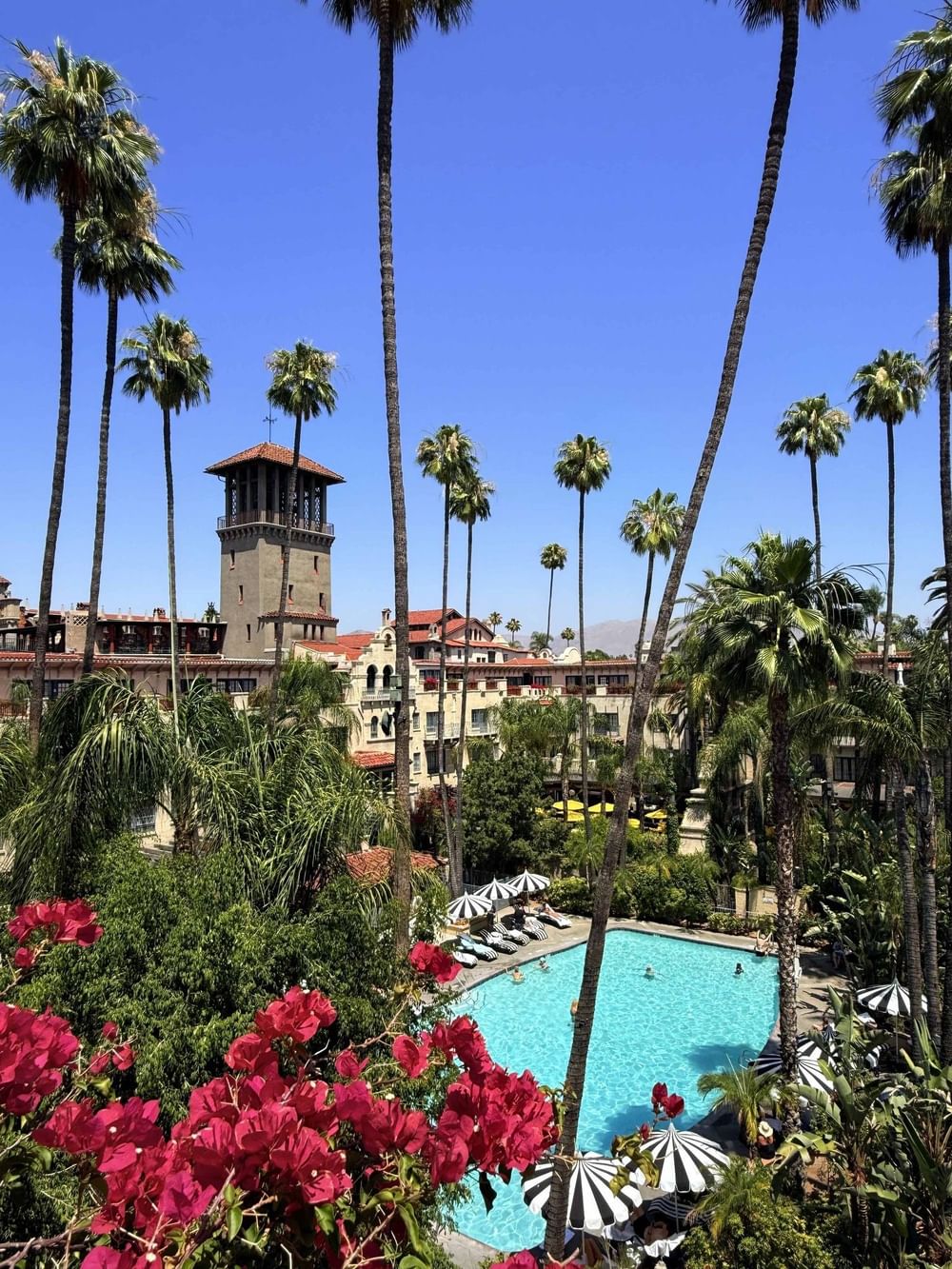 A resort hotel with a swimming pool and palm trees in the riverside area.