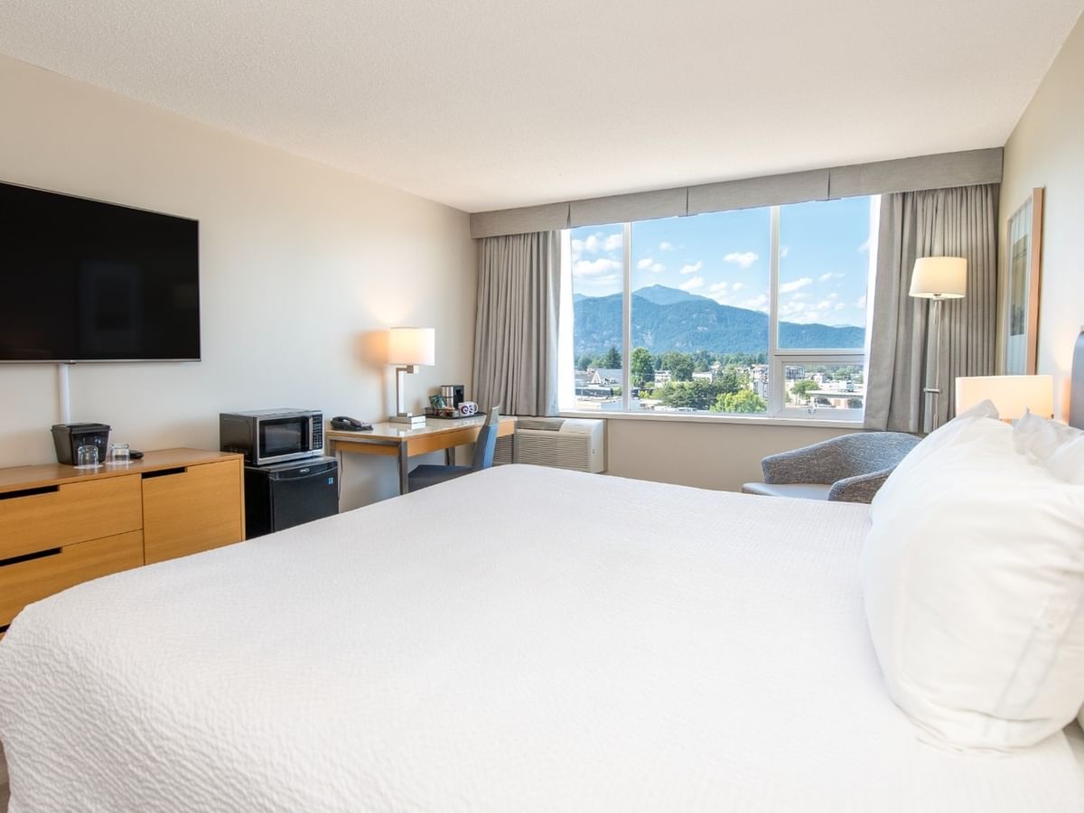 Accessible hotel room with a large king bed, desk, TV, and window showing mountains.