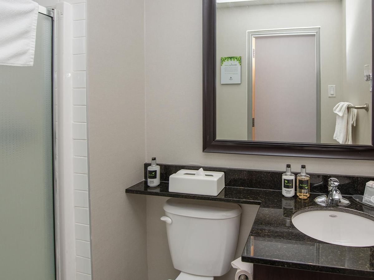 Bathroom with stand up shower, toilet, and sink.