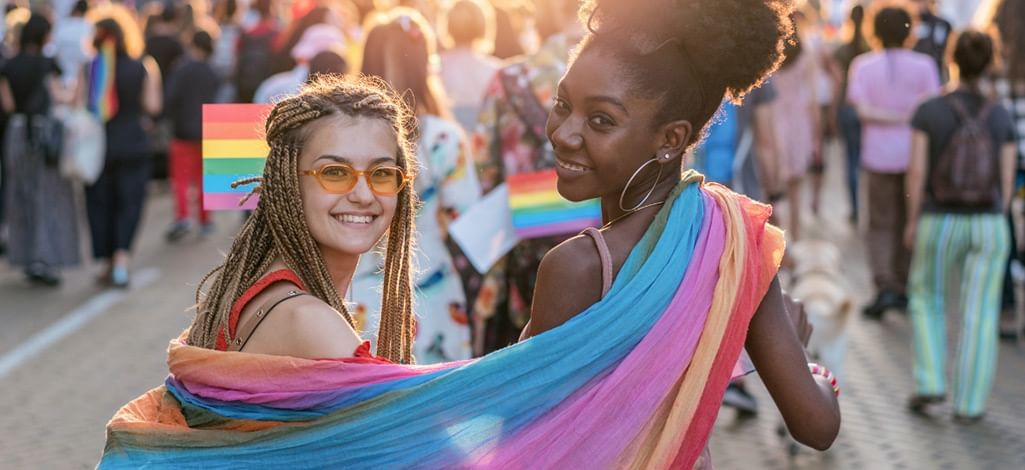 two girls holding a pride flag during a pride festival