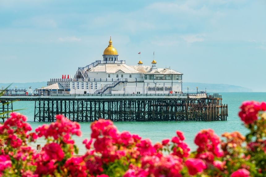 Eastbourne's famous white pier with golden domes over blue water framed by red flowers at The View Hotel Eastbourne