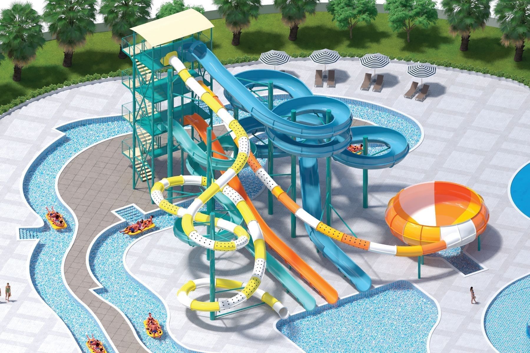 Vista aérea del parque acuático vibrante de Fiesta Americana Funeeq Punta Cana con toboganes coloridos y río lento