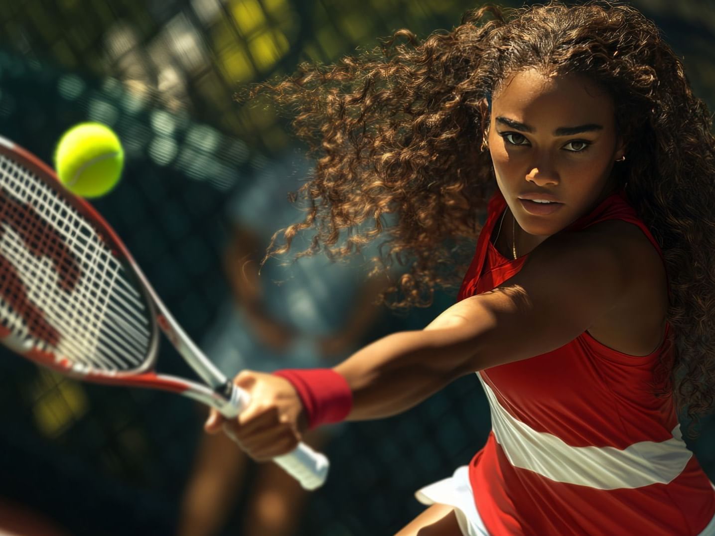 Tennis player hitting a ball with a racket in tennis court near Las Olas Beach Resort