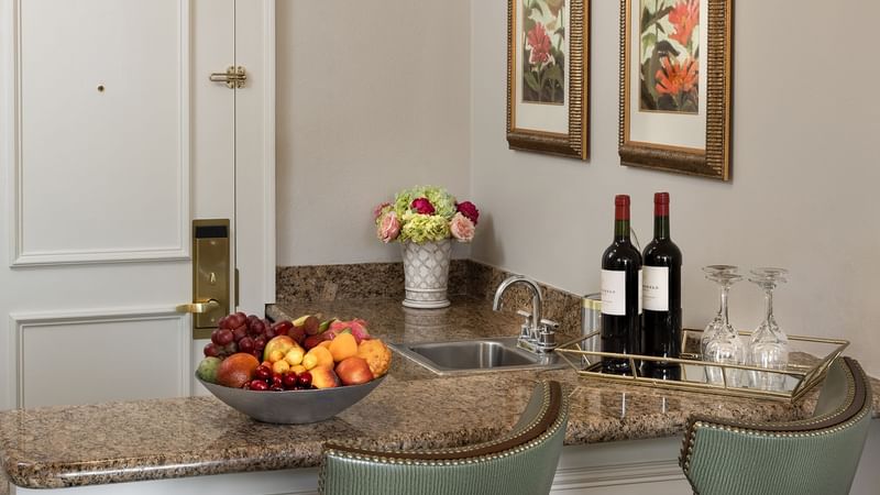 The wet bar in the Deluxe Suite at Warwick Melrose Dallas