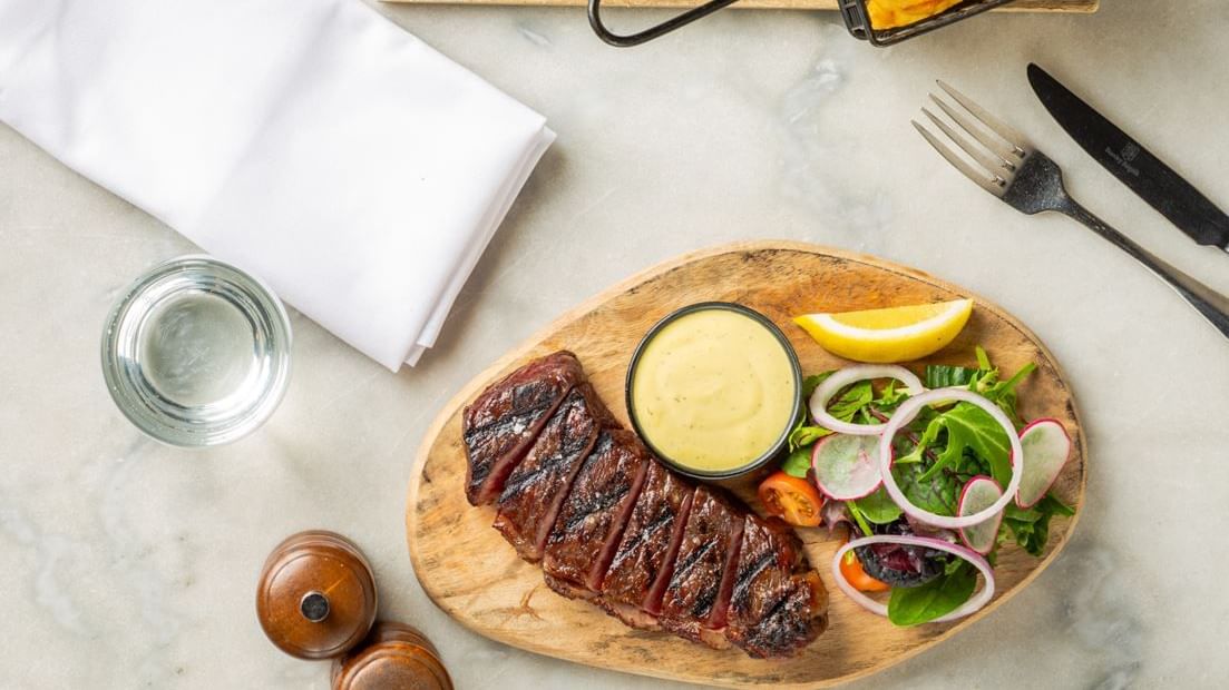 Steak & salad in Meze Restaurant at Novotel Glen Waverley