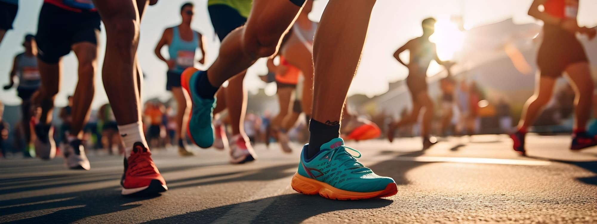 Dynamic shot of runners' legs during a marathon near Warwick Hotels and Resorts at sunset