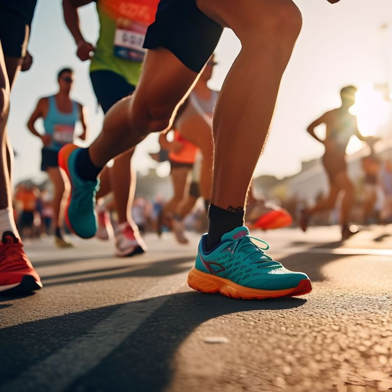 Dynamic shot of runners' legs during a marathon near Warwick Hotels and Resorts at sunset