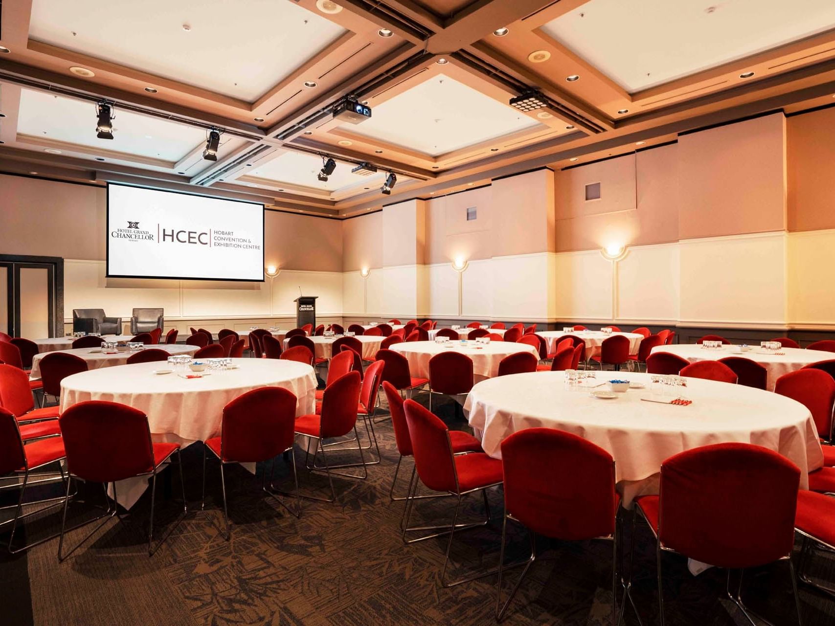 Banquet tables set-up in Grand Ballroom at Grand Chancellor Hobart