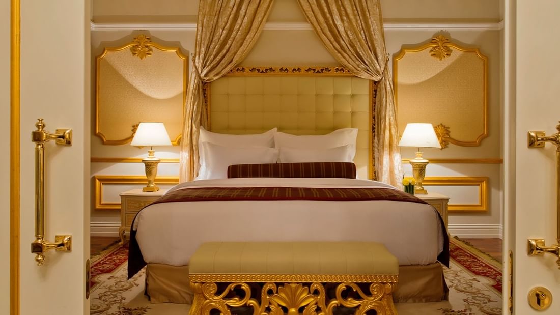 Cozy bedroom with vintage interior & decor in Royal Suite at Warwick Doha