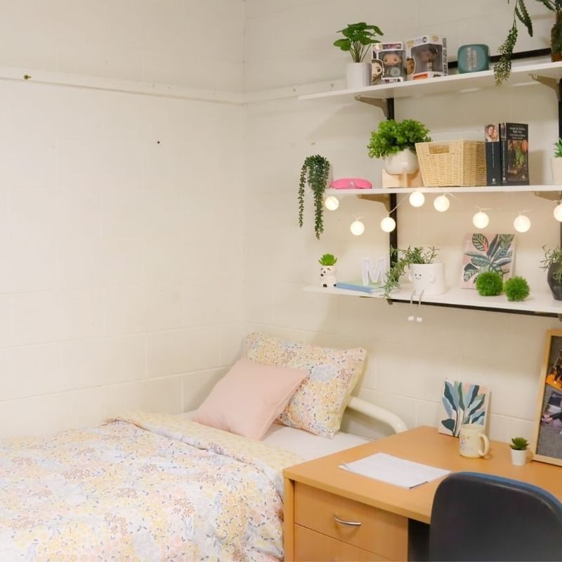 Cozy single room with desk and shelving at La Trobe University Units.