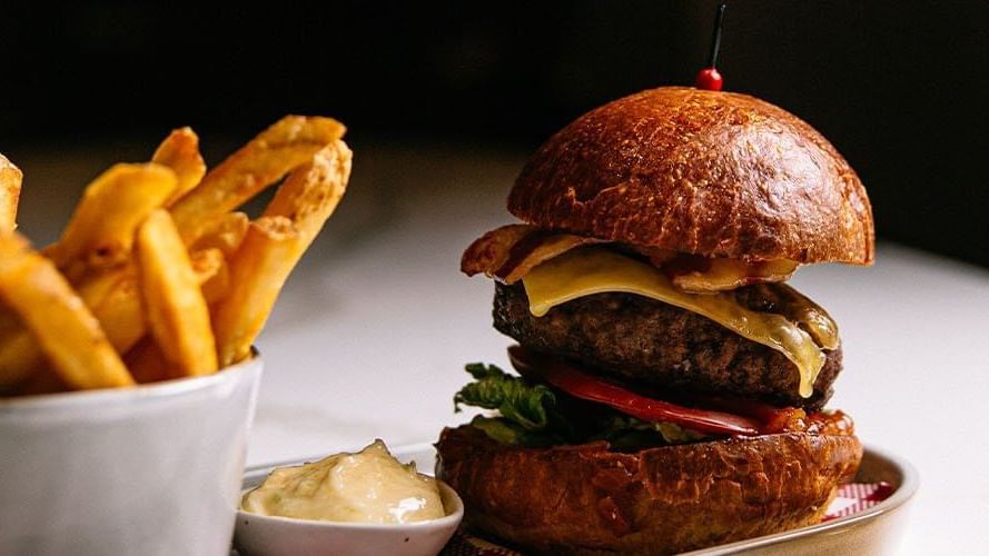 Hamburger served in a restaurant at Pullman Melbourne CBD