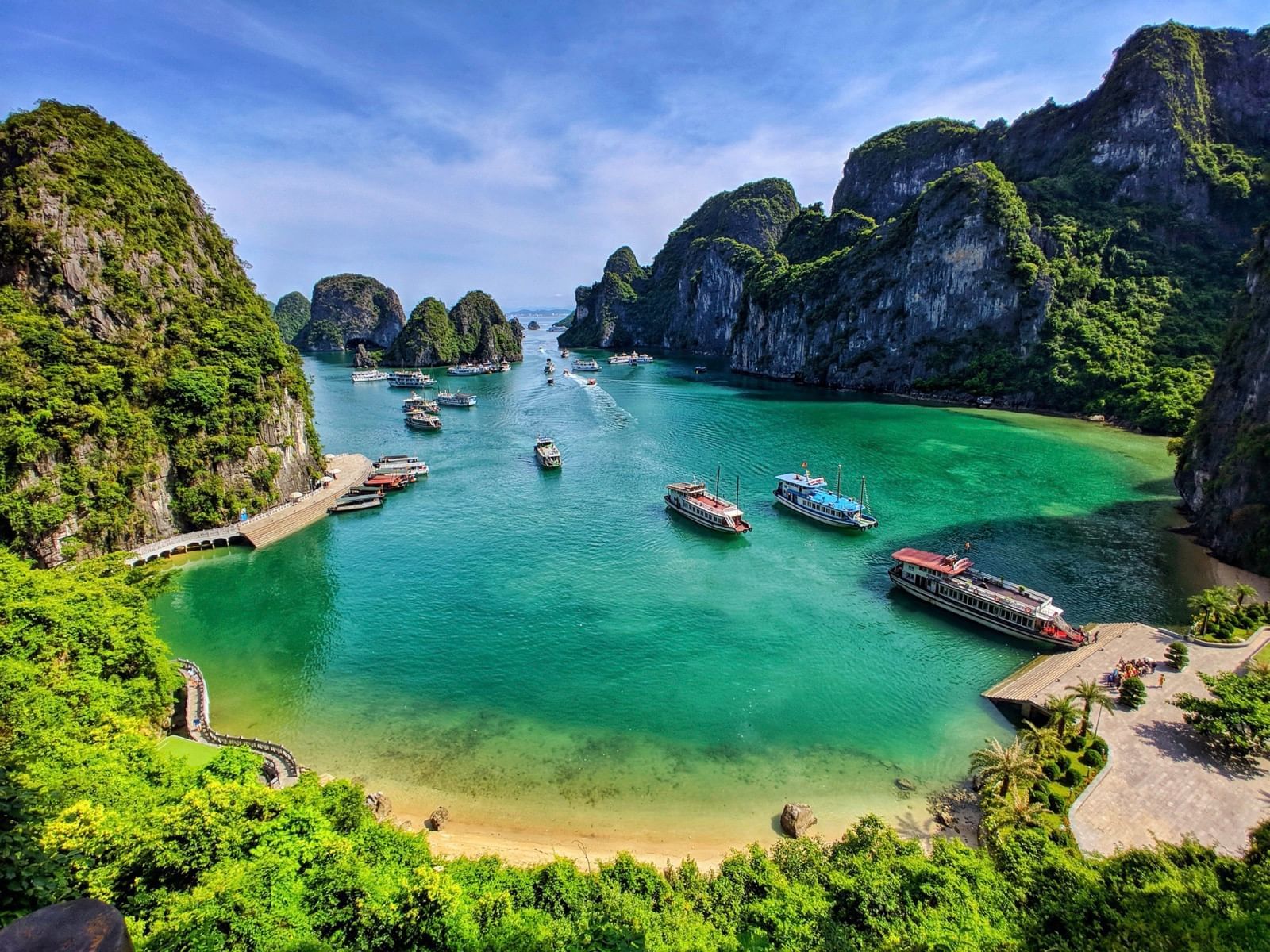 Aerial view of boats on Halong Bay near Easton Hotels