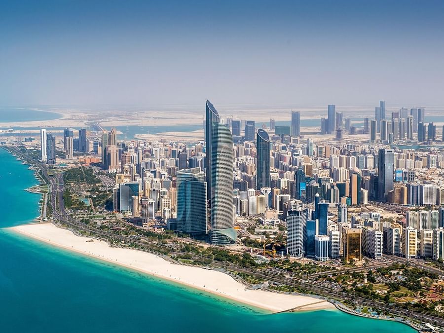 Aerial view of Abu Dhabi skyline with Guggenheim Museum near DAMAC Hotels & Resorts, One of the best apartment hotels in Dubai