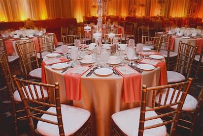 Closeup wedding table setup in Quartz ballroom at Matrix Hotel