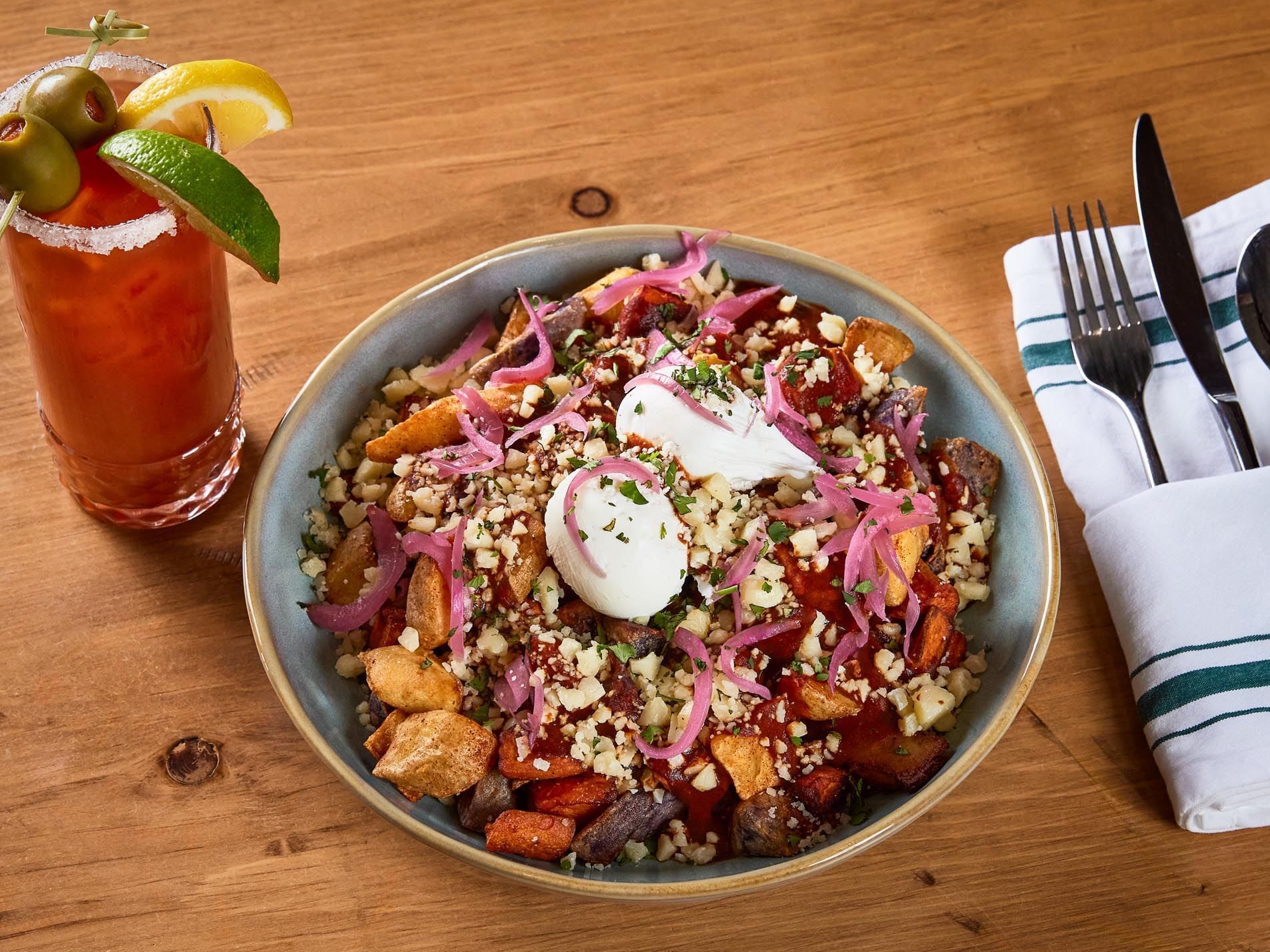 Photo of breakfast bloody mary and southwestern breakfast bowl