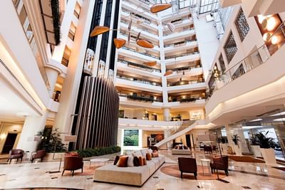 Low-angle view in the lobby at Tikal Futura Hotel