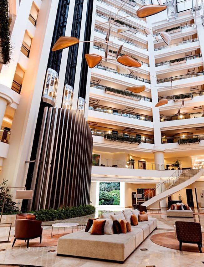 Low-angle view in the lobby at Tikal Futura Hotel