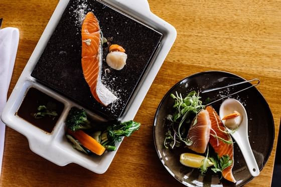 Close up on a salmon dish served at Cradle Mountain Hotel