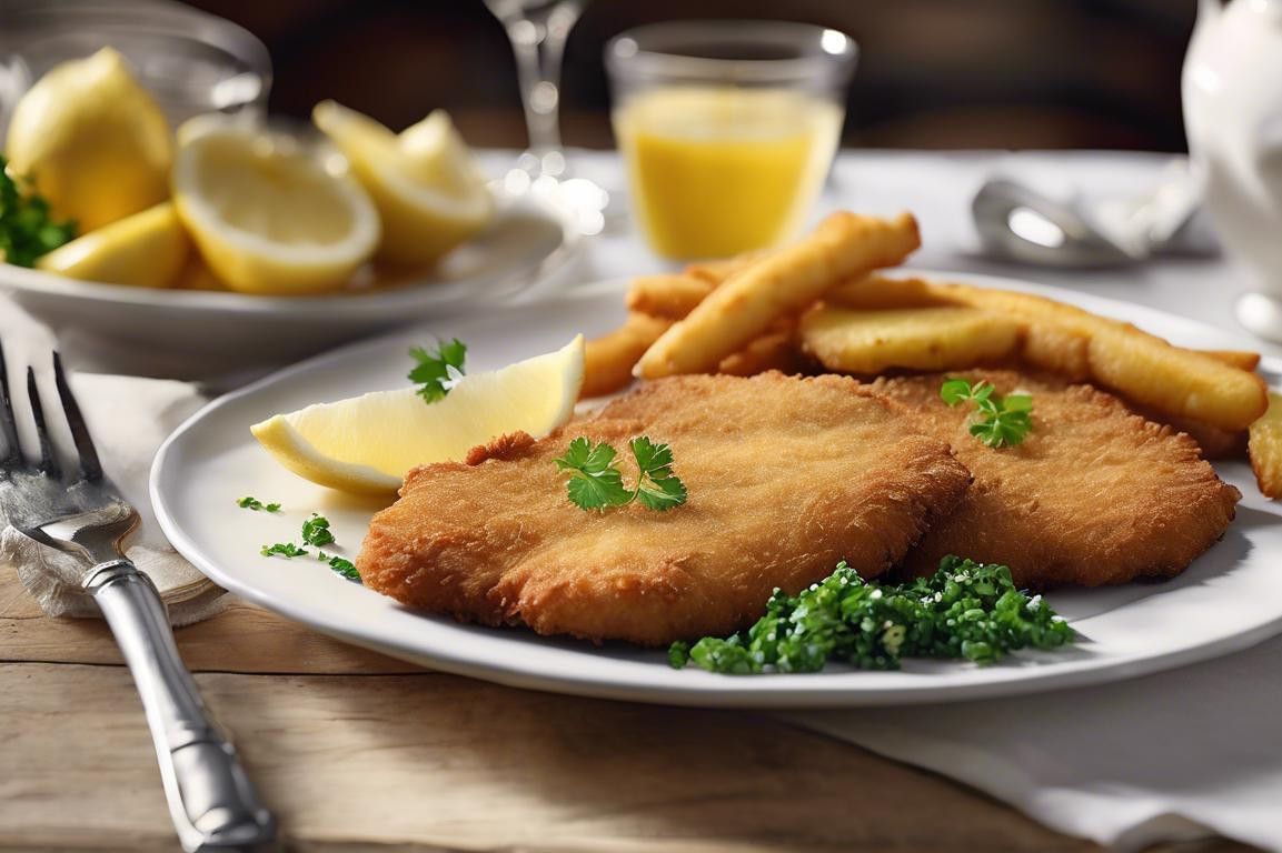 Klassisches Wiener Schnitzel mit Petersilkartoffeln, Zitrone und Beilage in traditioneller Präsentation