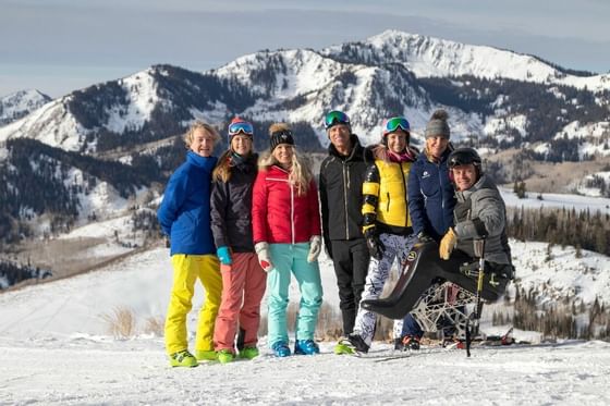 A portrait of a group of skiers on a mountain near Stein Lodge