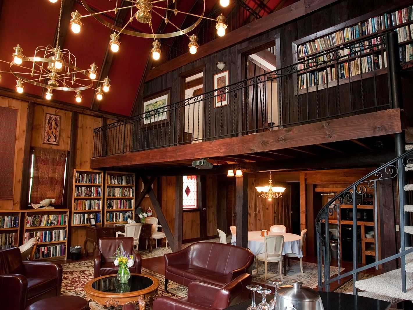 Spacious lobby lounge & library in Yellow Barn Suite at La Tourelle Hotel and Spa