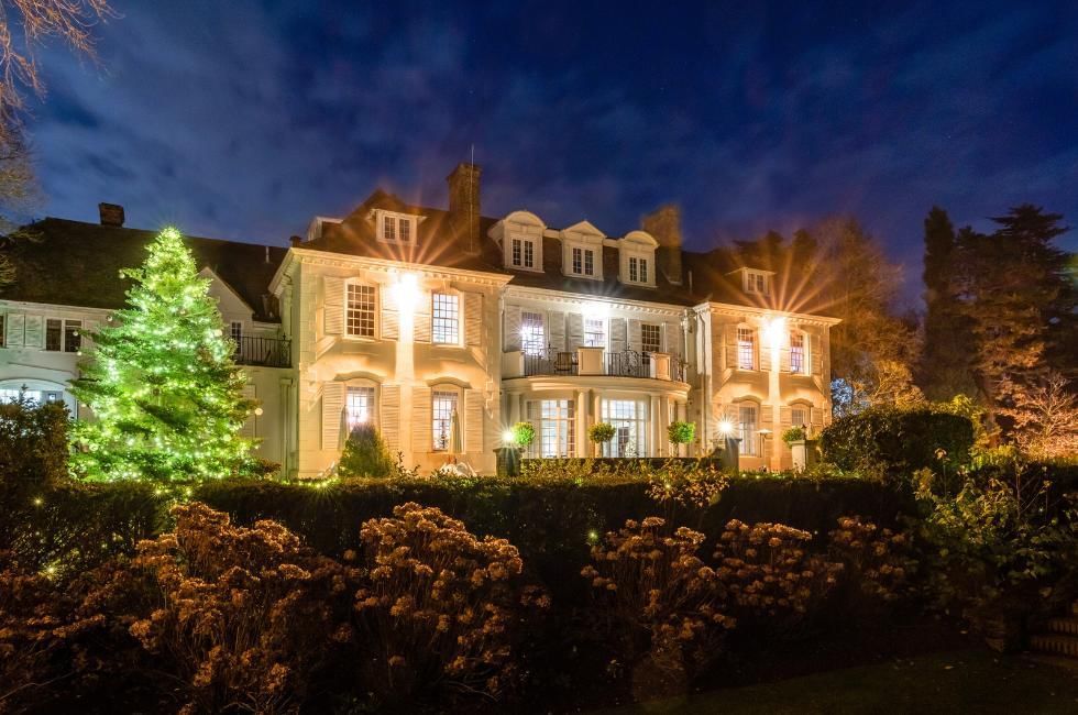 Exterior of festive Gorse Hill Hotel, one of the best places for Christmas Day Lunch in Surrey