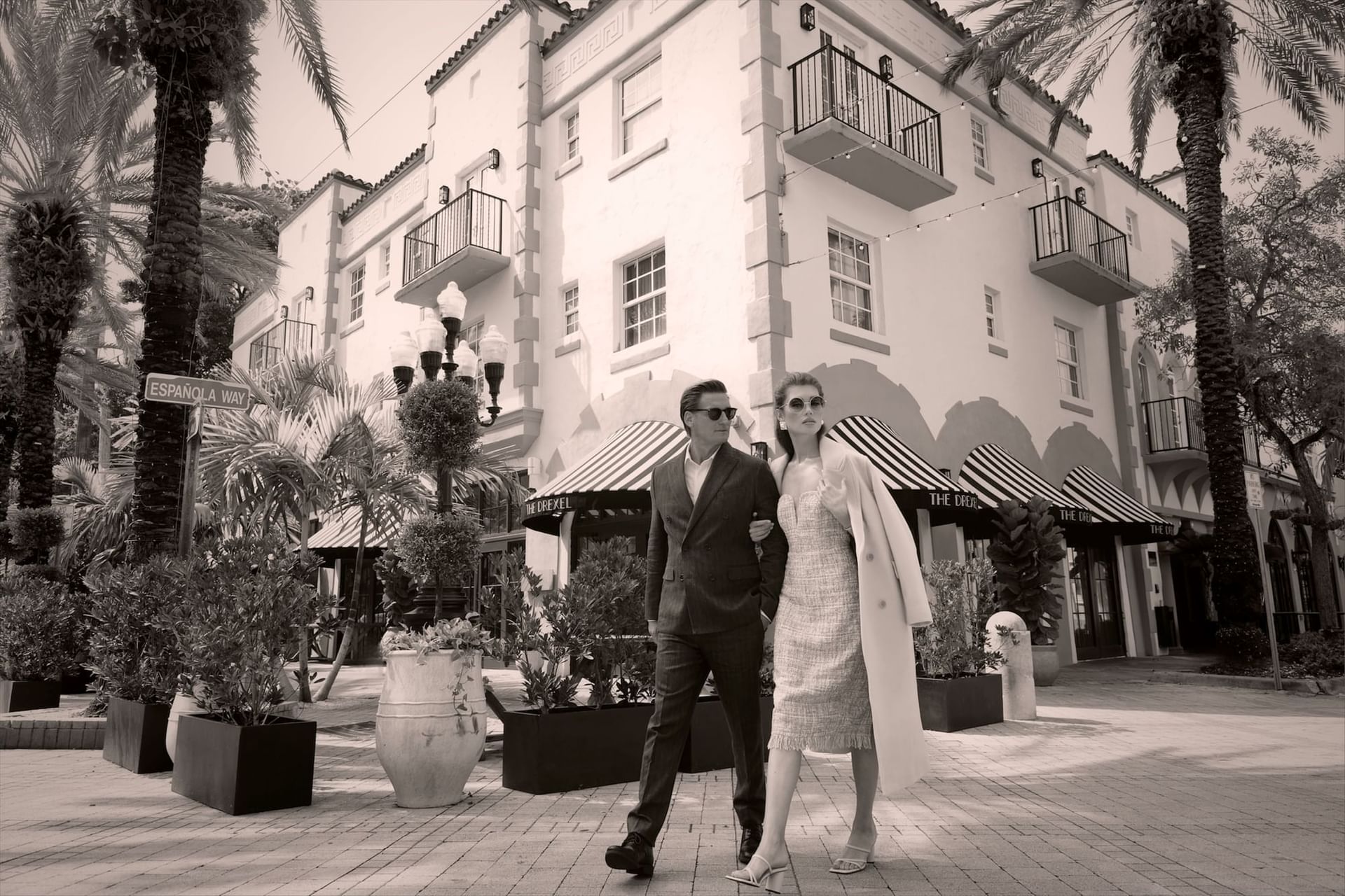 Monochrome shot of a couple in outside at Esme Miami Beach