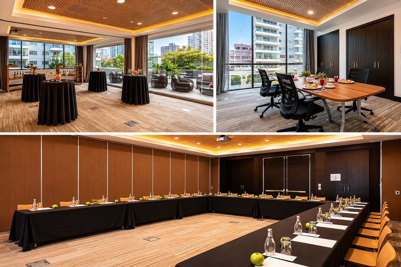 Collage de espacios para reuniones y eventos con mesas de conferencia destacando hoteles en Chile en Veranda Hotel