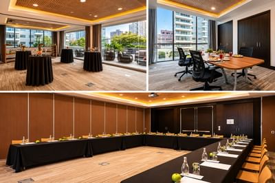 Meeting and event spaces photo collage featuring conference tables highlighting Chile hotels at Veranda Hotel