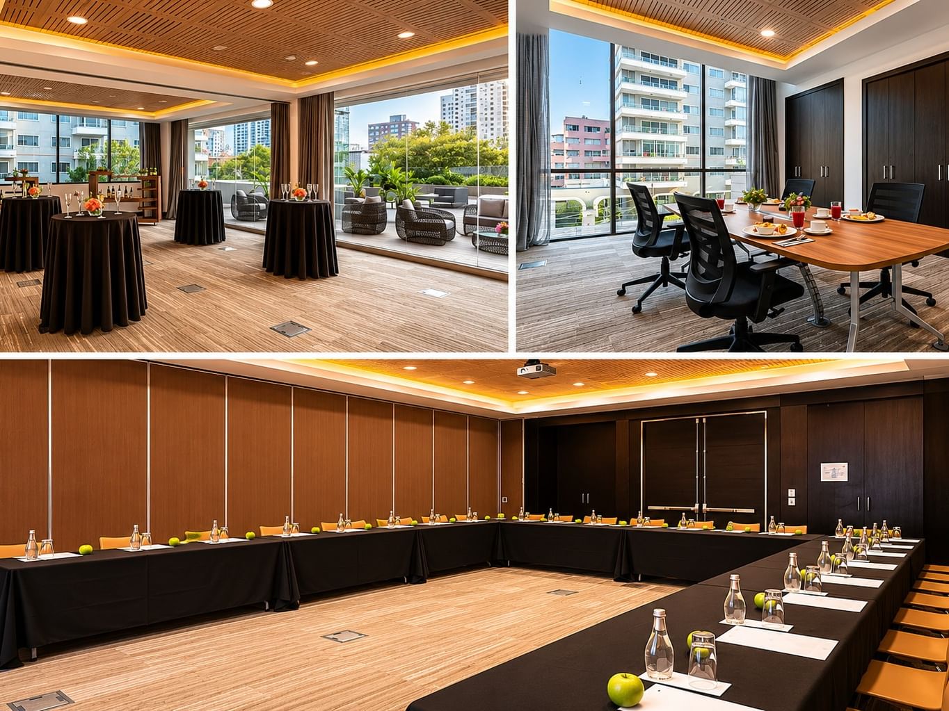 Collage de espacios para reuniones y eventos con mesas de conferencia que destacan hoteles de Chile en Veranda Hotel