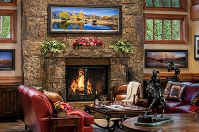 Fireplace in the lobby of the Wyoming Inn