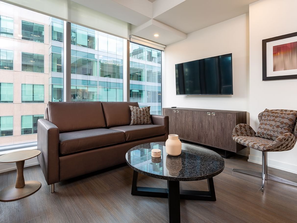 One Bedroom suite balcony living room, street view