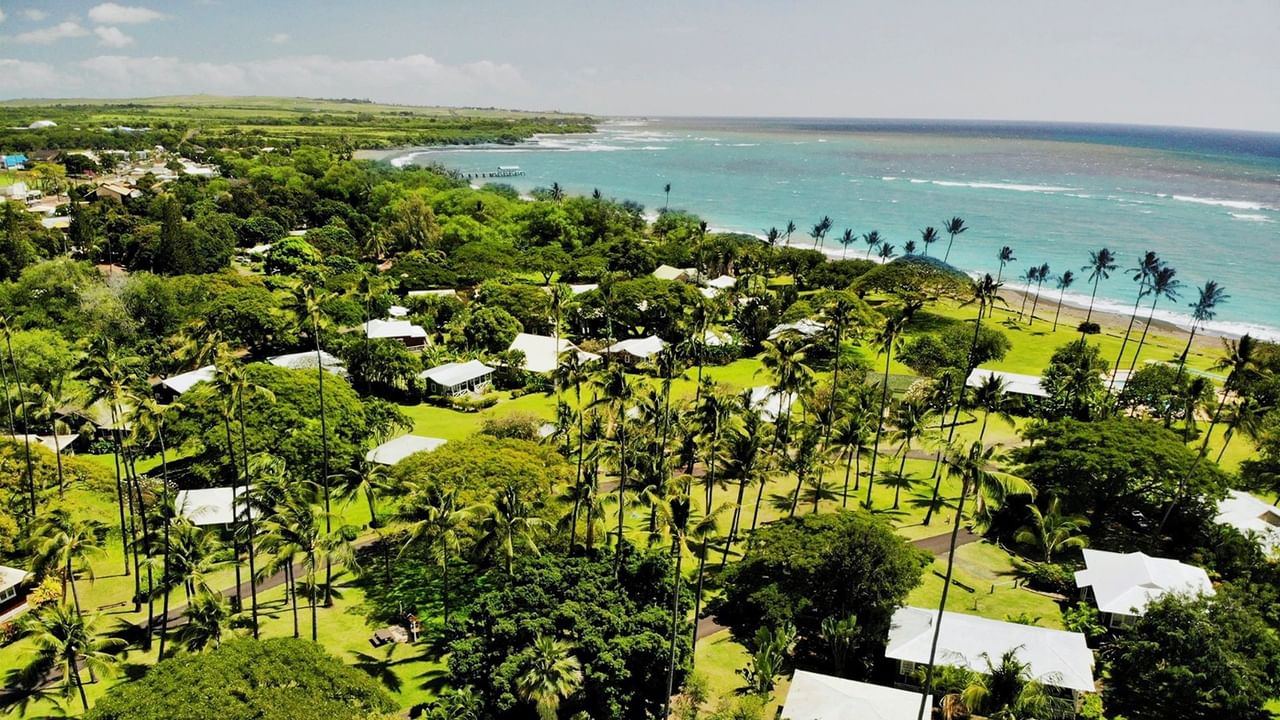 Aerial view of Waimea Plantation Cottages with cottages and palm trees by the ocean.