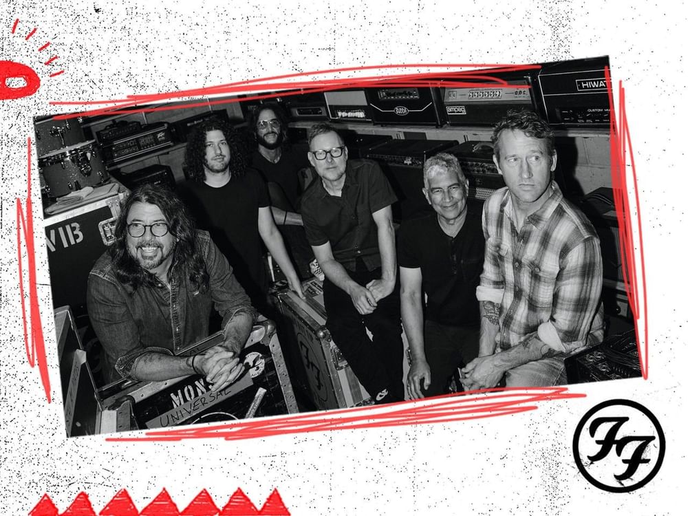 Foo Fighters band members in black and white photo with red borders and FF logo.