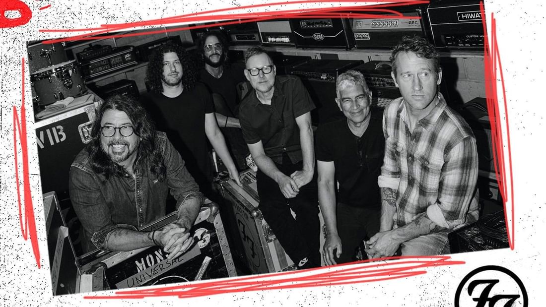 Foo Fighters band members in black and white photo with red borders and FF logo.
