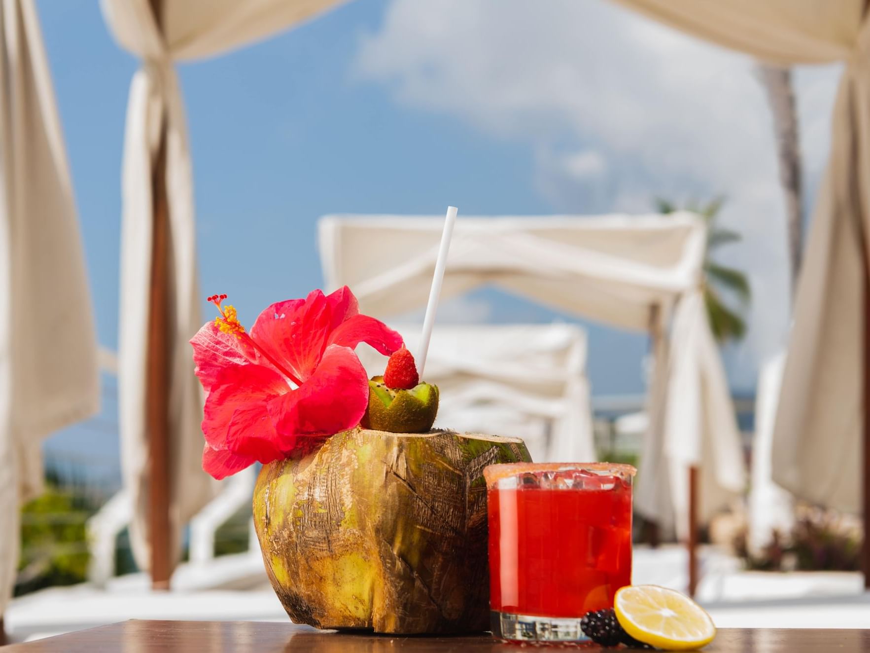 Coconut drink & a cocktail served in Beach Bar at La Colección