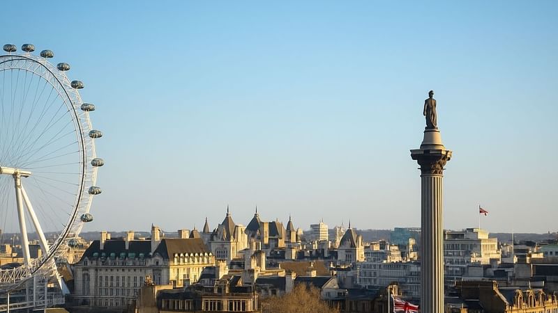 Panoramic cityscape showcasing the London Eye and Nelson's Column from a vantage point near The Londoner Hotel