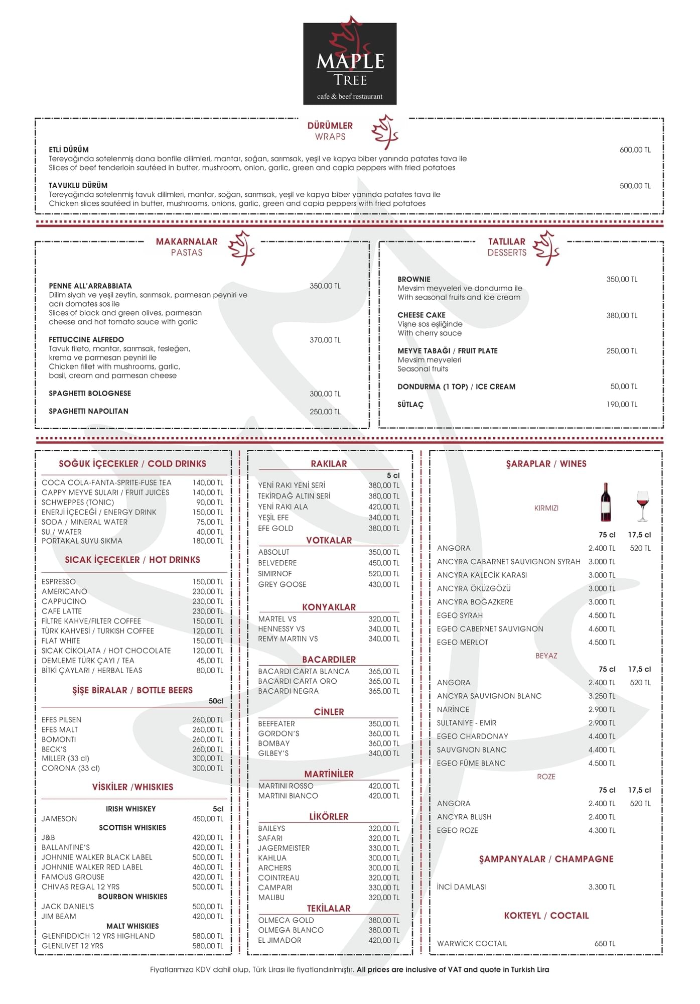 Food menu by price lists used at Warwick Ankara