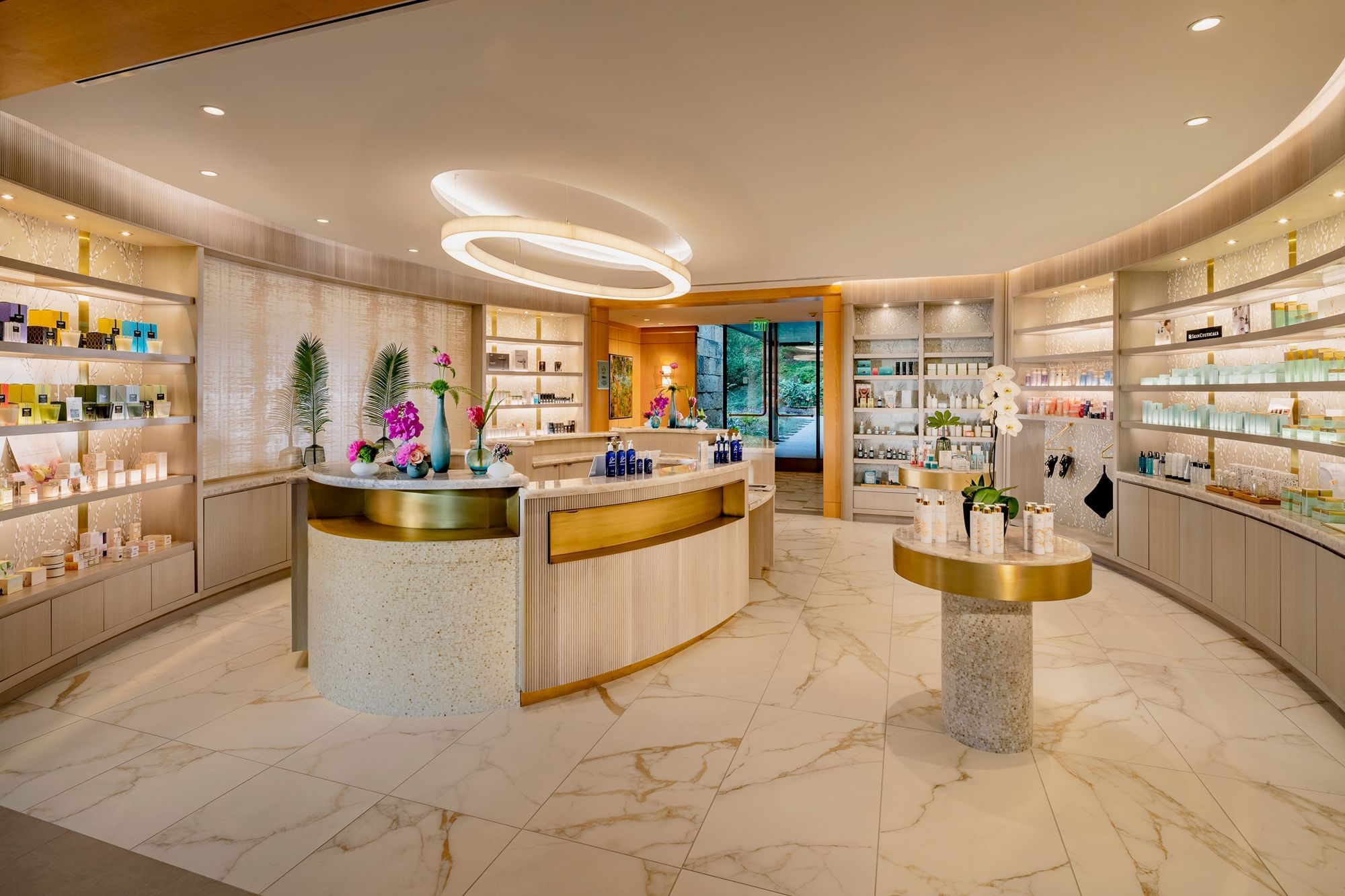 Spa lobby with shelves of products by the front desk at Umstead Hotel and Spa