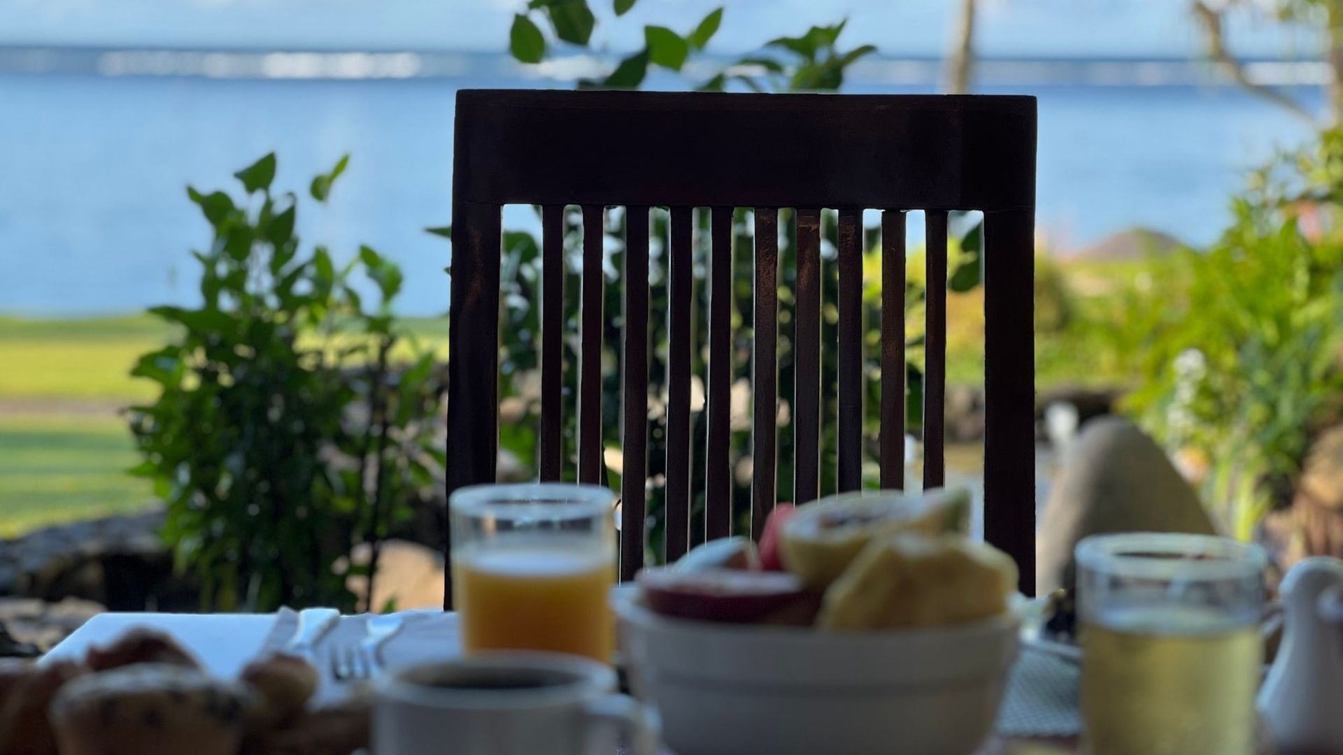 Breakfast setup at Bula Brasserie with ocean view at Warwick Fiji Resort and Spa in Korolevu