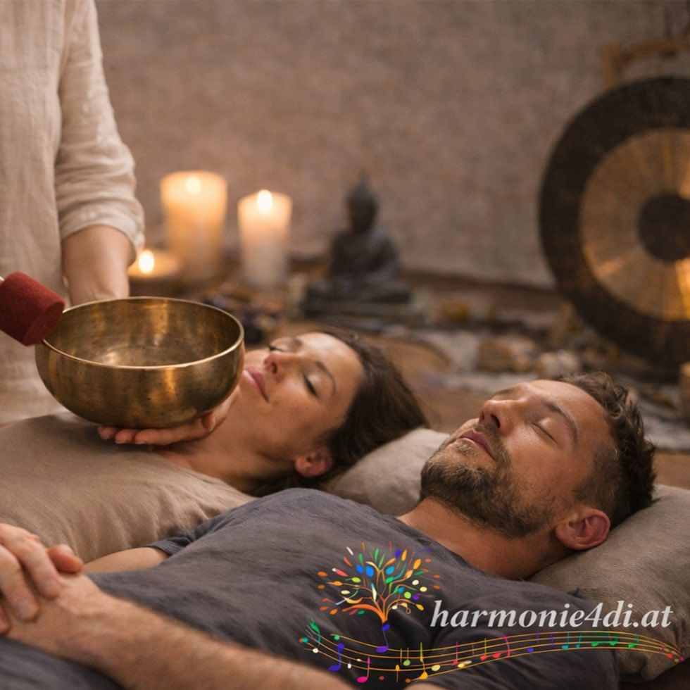 Couple receiving sound massage with Sonja Prugger in a serene setting.
