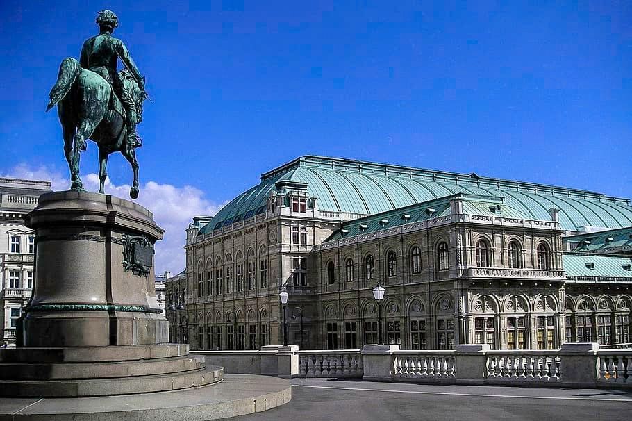 Albertina terrace in Vienna with equestrian statue and view of the Vienna State Opera