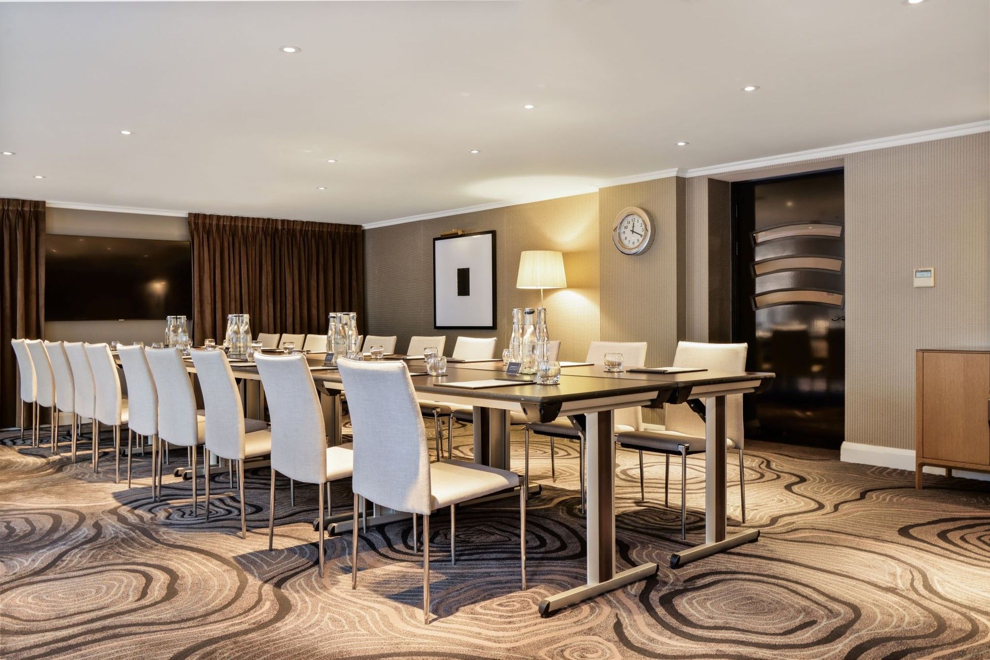 Boardroom set up in an event room at The May Fair Hotel