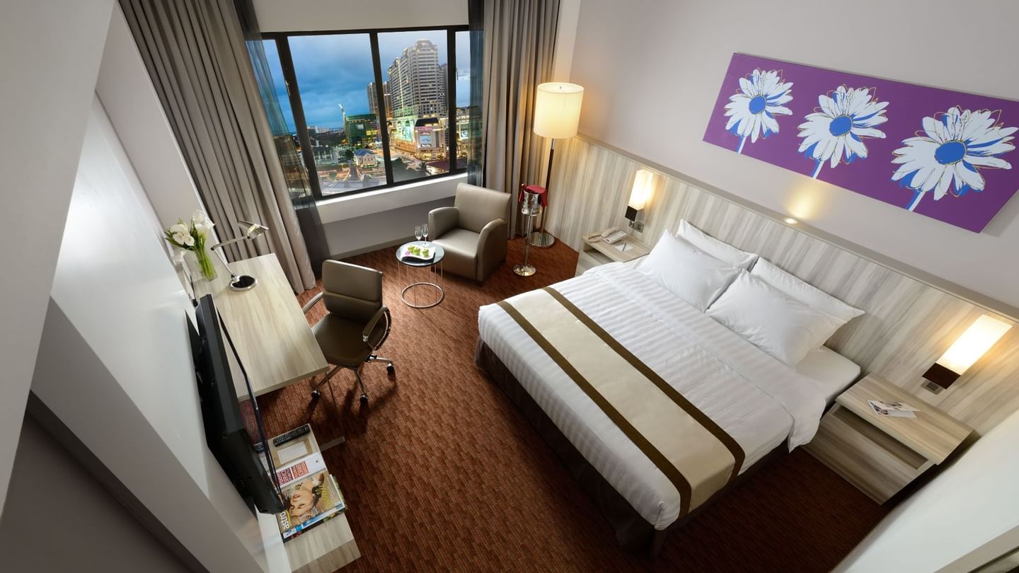 Upper view of Deluxe King Room with bed, sofa & work area at Sunway Hotel Georgetown