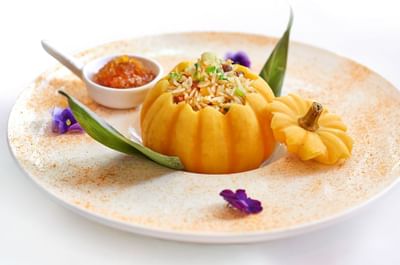 Closeup of Min Jiang pumpkin fried rice at Goodwood Park Hotel