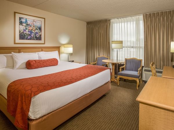 Bed in modern hotel room